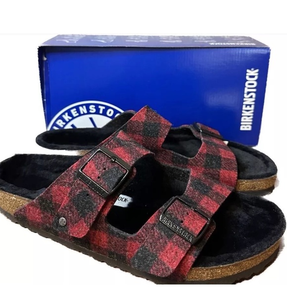 Birkenstock Arizona Genuine Lamb Fur Lined Red Plaid Slide Sandals.NIB